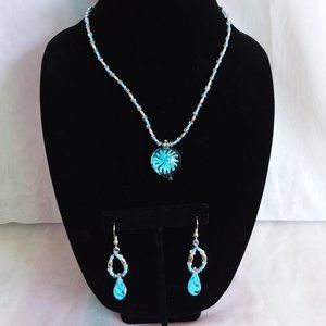 Blue Glass Blossom Pendant Necklace & Earring Set
